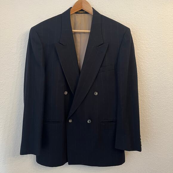 Vintage Evan Picone Suit 41R 34W Wool Double Breasted Navy Chalk Stripe Pleated - Picture 2 of 16